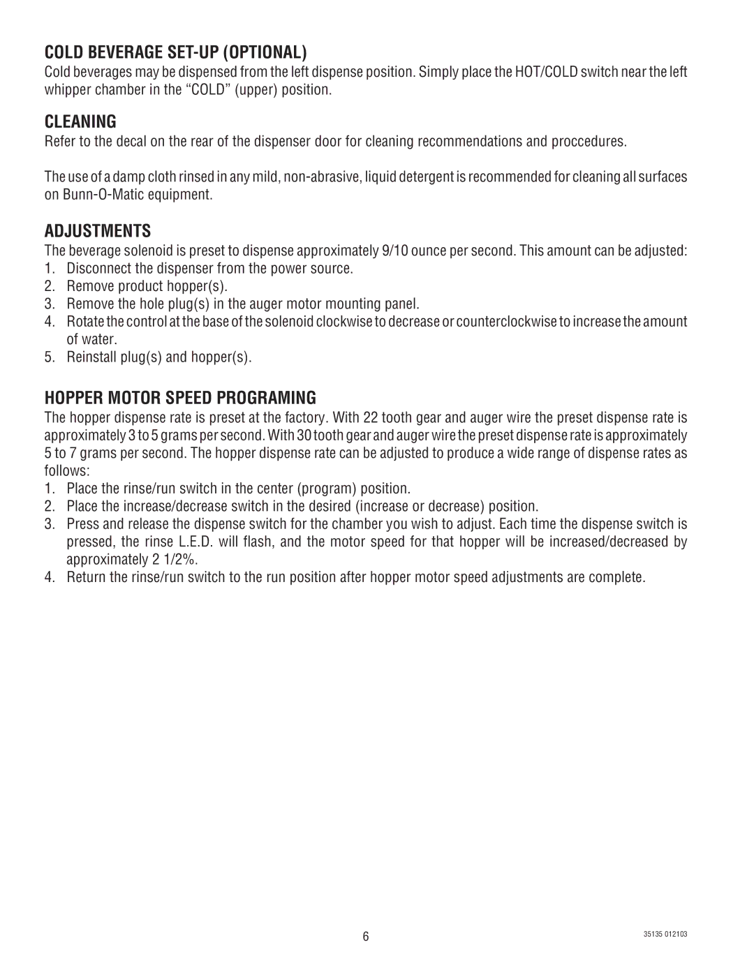 Bunn FMD-5, FMD-4 service manual Cold Beverage SET-UP Optional, Cleaning, Adjustments, Hopper Motor Speed Programing 