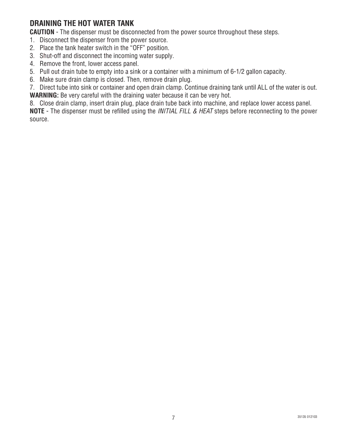 Bunn FMD-4, FMD-5 service manual Draining the HOT Water Tank 