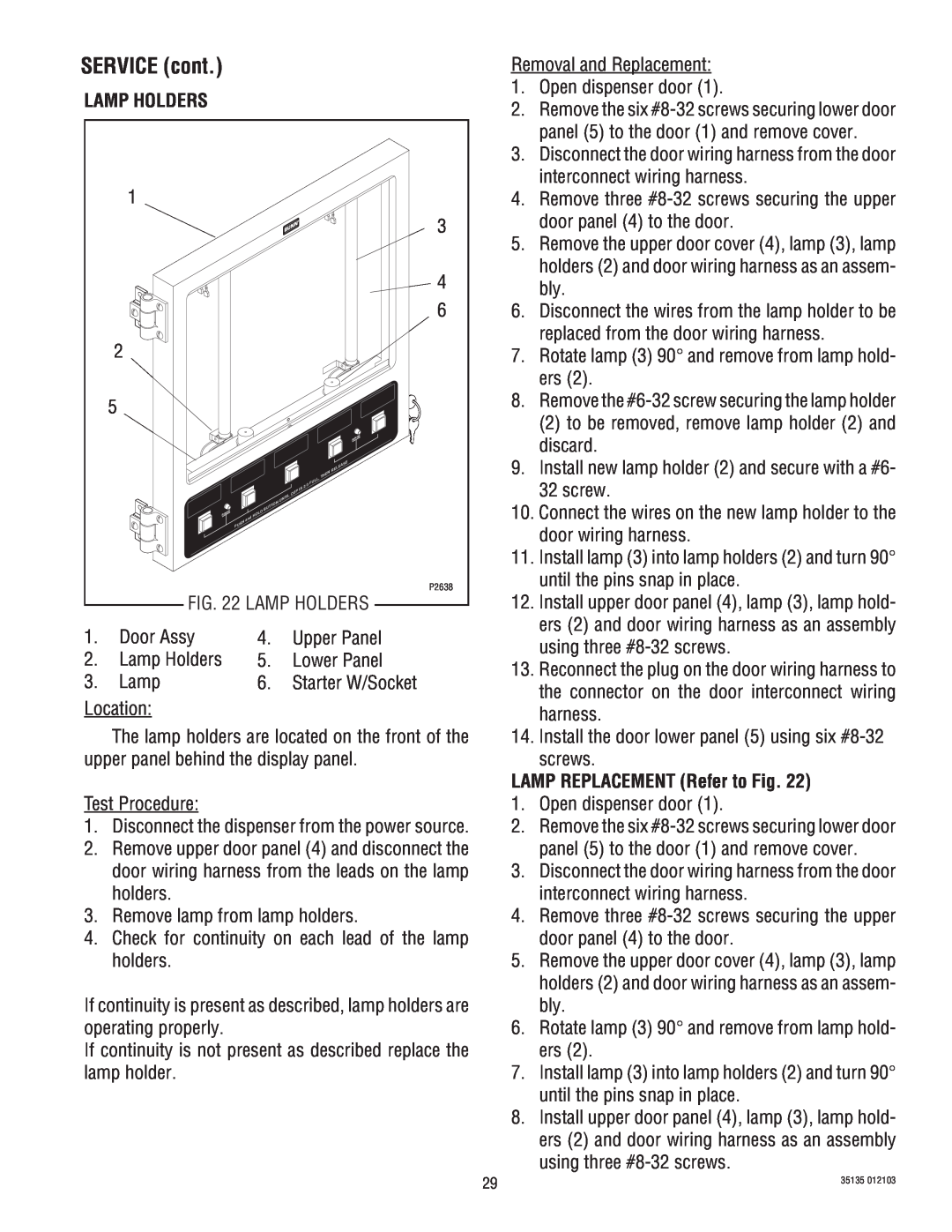 Bunn FMD-4, FMD-5 service manual Lamp Holders, LAMP REPLACEMENT Refer to Fig, SERVICE cont 