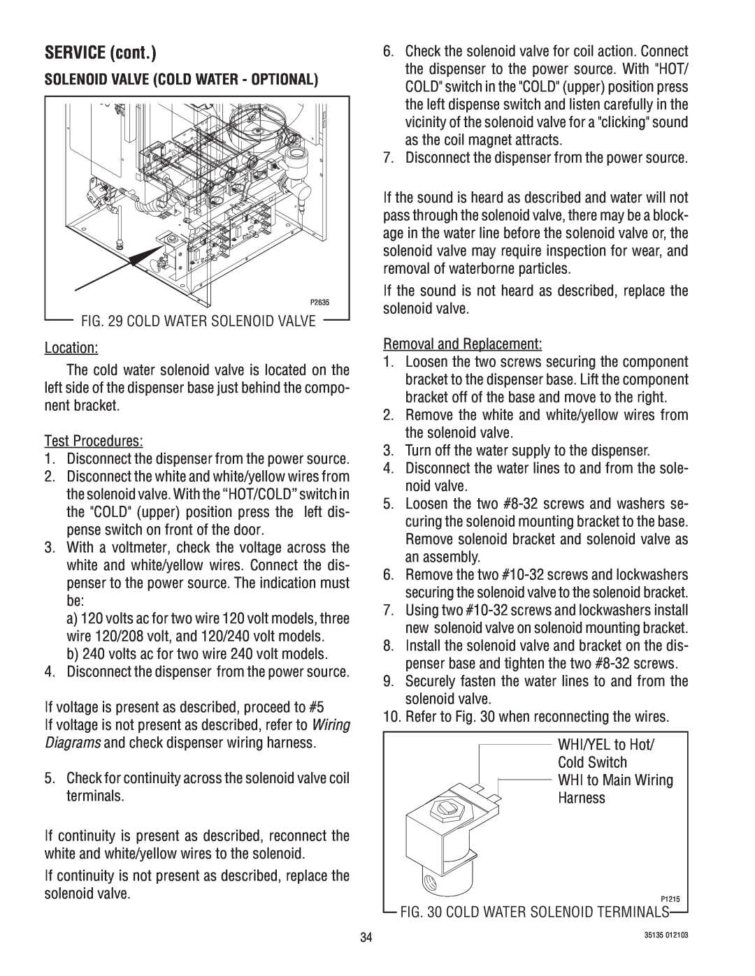 Bunn FMD-5, FMD-4 service manual Solenoid Valve Cold Water - Optional, SERVICE cont 