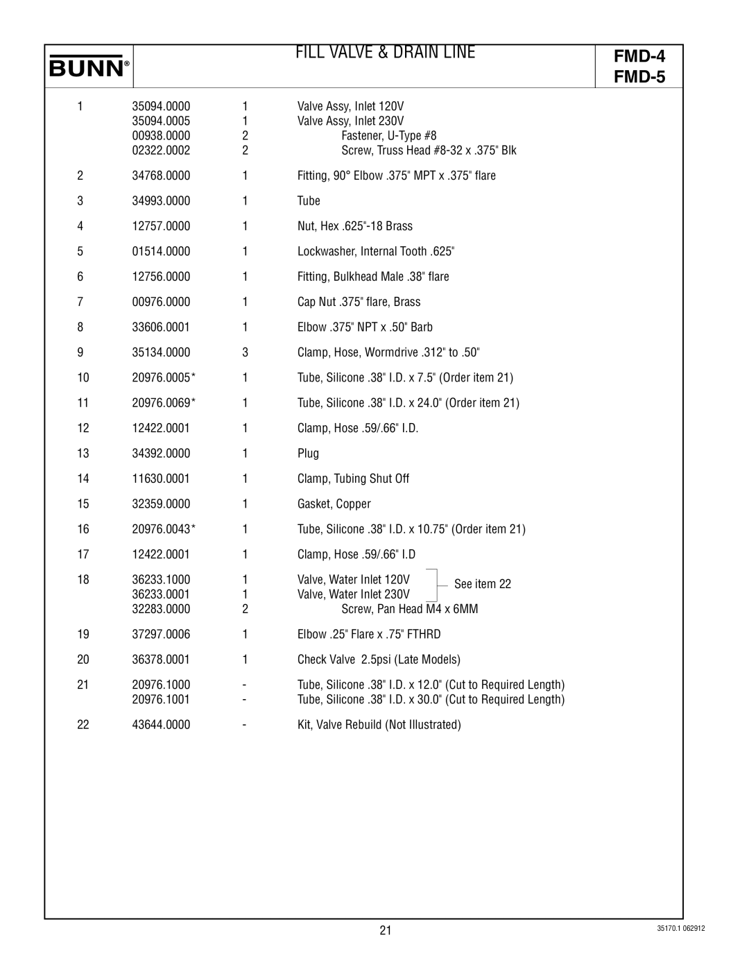 Bunn FMD-5 specifications Fill Valve & Drain Line 