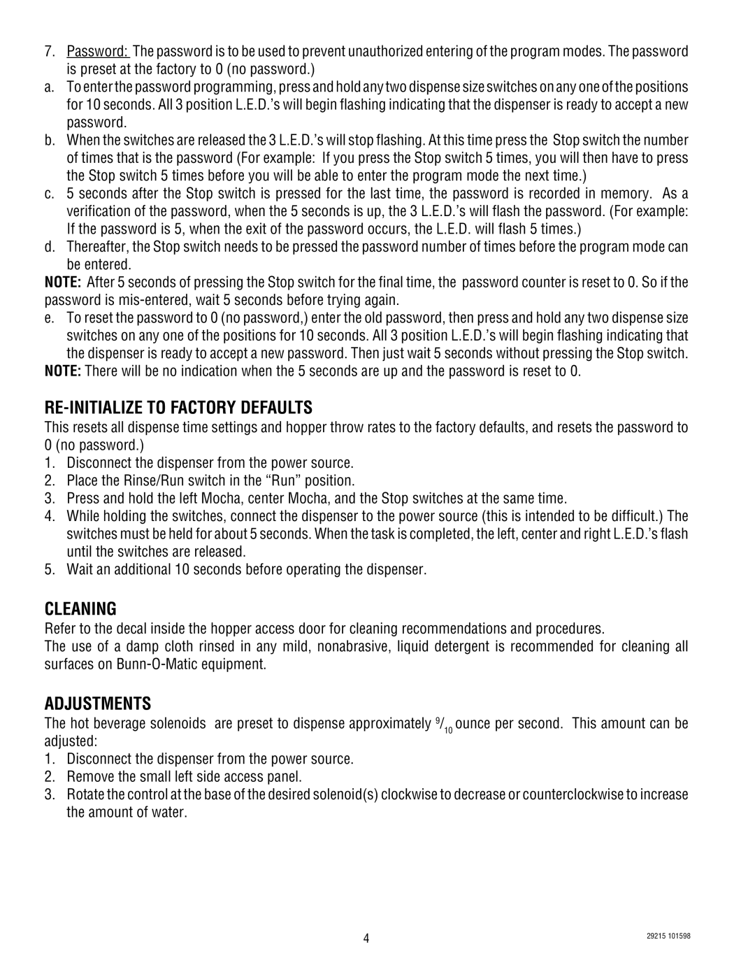 Bunn FMD DBC-3 4-CUP service manual RE-INITIALIZE to Factory Defaults, Cleaning, Adjustments 