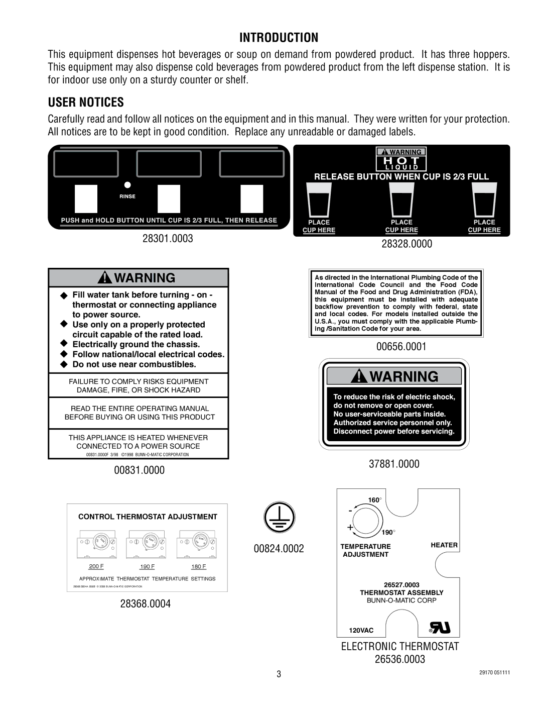 Bunn FMD0013000-UP service manual Introduction, User Notices 