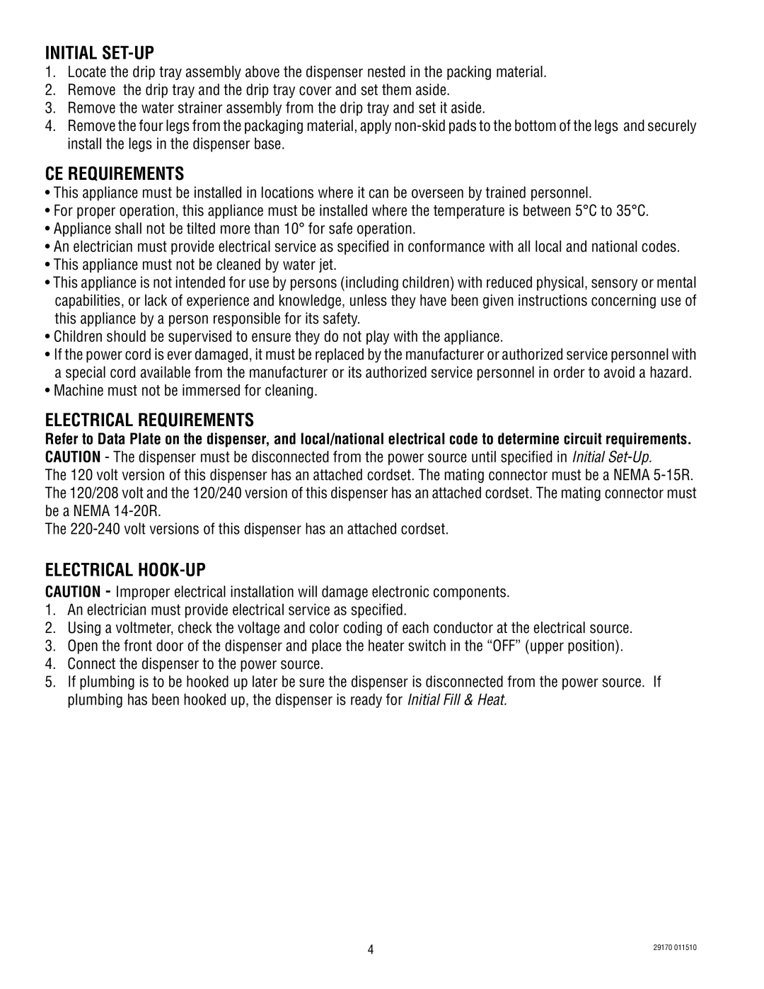 Bunn FMD0013000-UP service manual Initial SET-UP, CE Requirements, Electrical Requirements, Electrical Hook-Up 