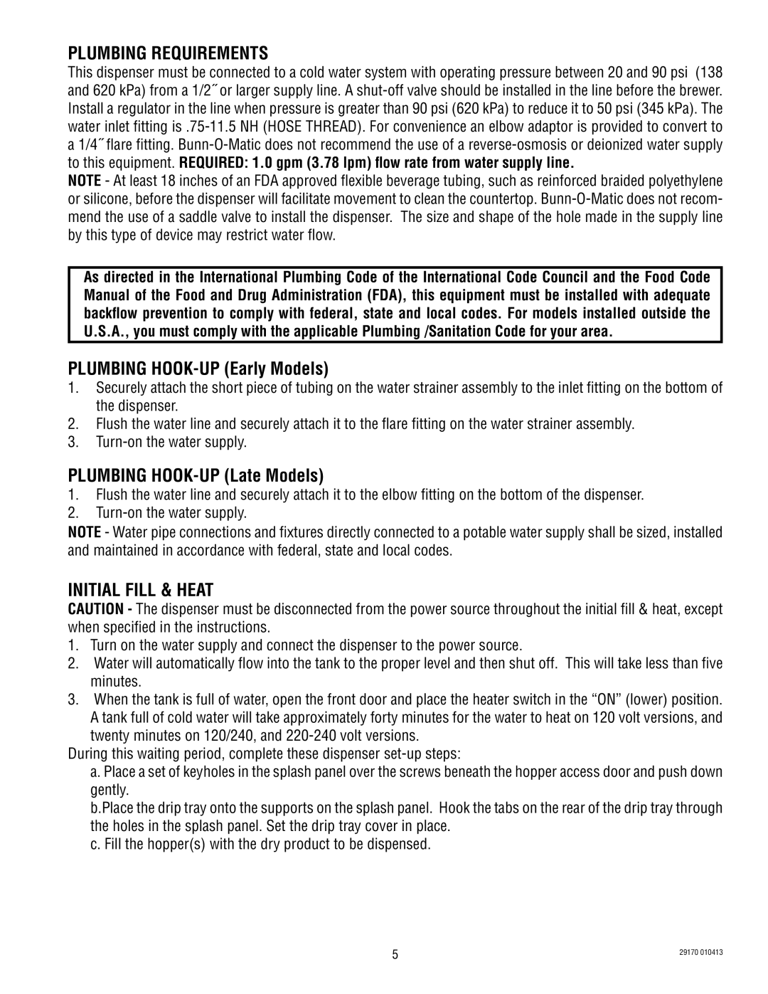 Bunn FMD0013000-UP Plumbing Requirements, Plumbing HOOK-UP Early Models, Plumbing HOOK-UP Late Models, Initial fill & heat 