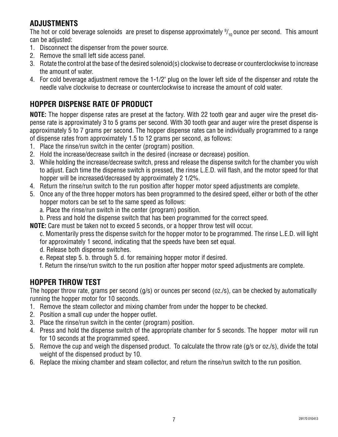 Bunn FMD0013000-UP service manual Adjustments, Hopper Dispense Rate of Product, Hopper Throw Test 