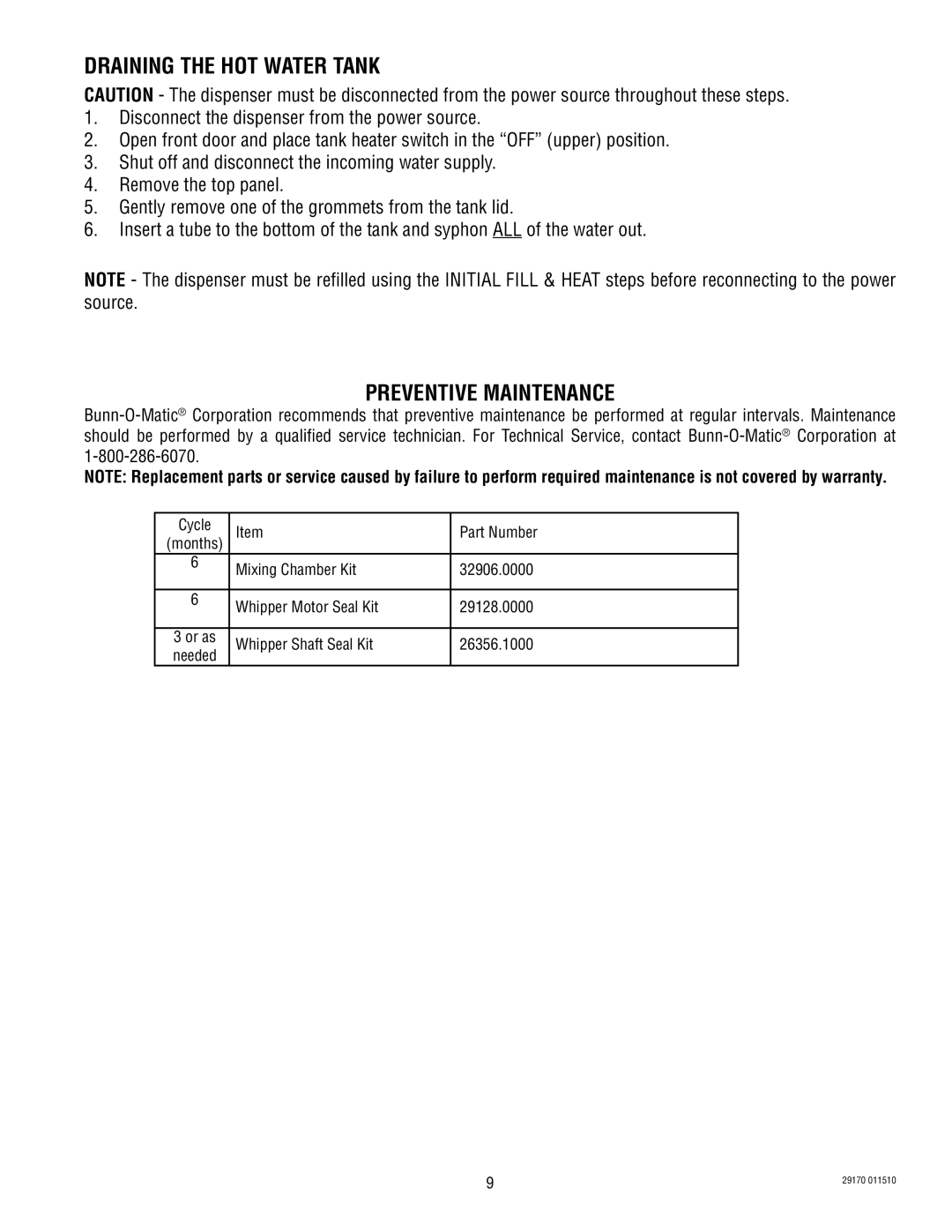 Bunn FMD0013000-UP service manual Draining the hot water tank, Preventive Maintenance 