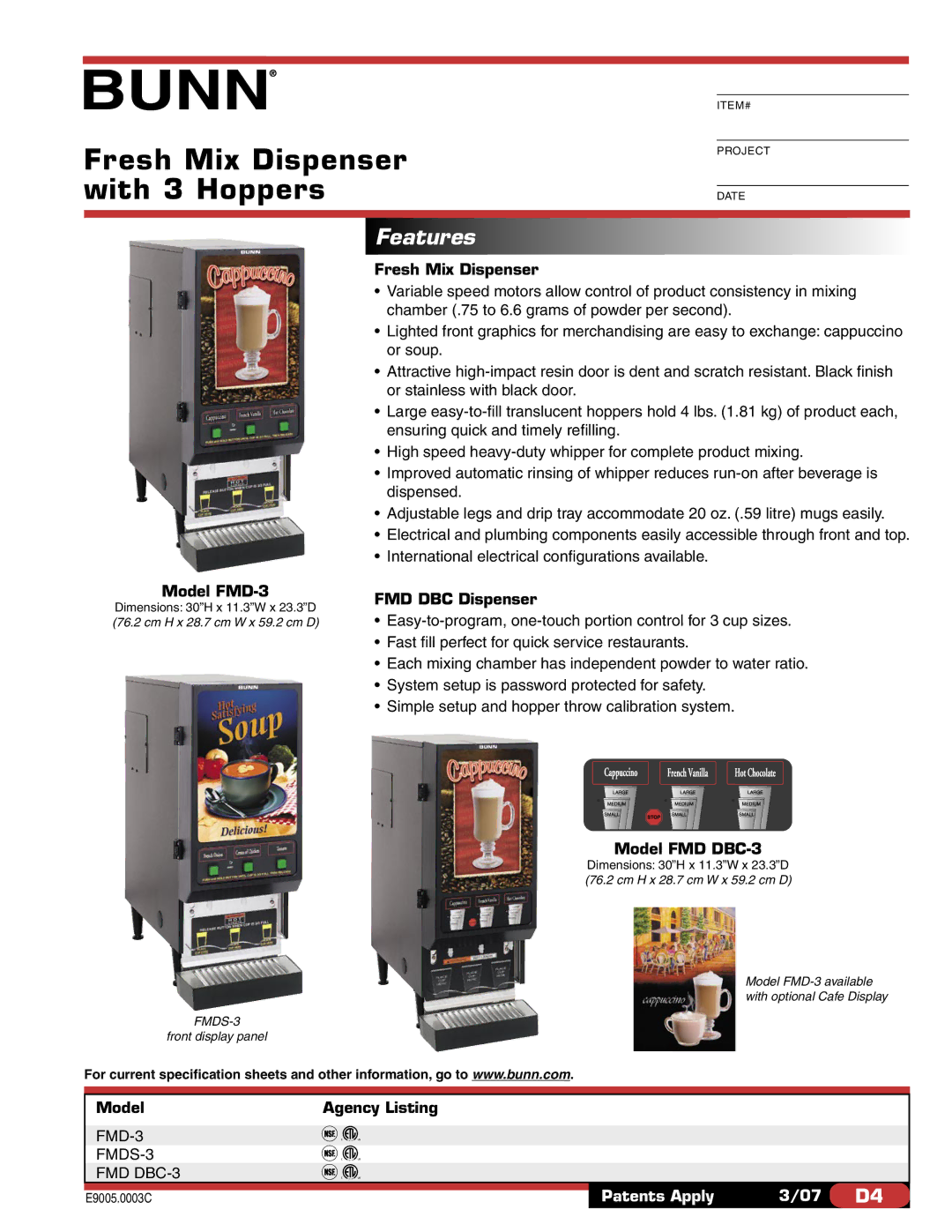 Bunn FMDS-3 dimensions Fresh Mix Dispenser with 3 Hoppers, Features 