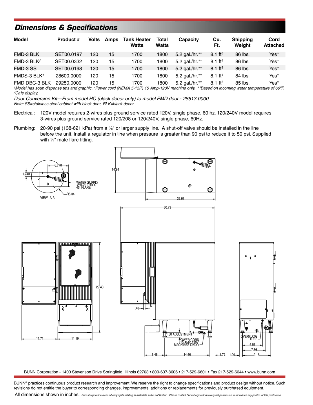 Bunn FMDS-3 dimensions Dimensions & Speciﬁcations, Model Product #, Amps 