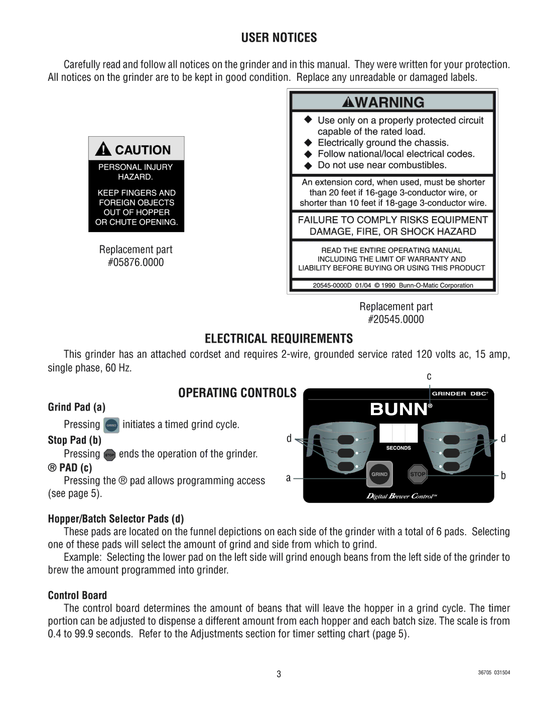 Bunn FPG-2 DBC manual User Notices, Electrical Requirements 