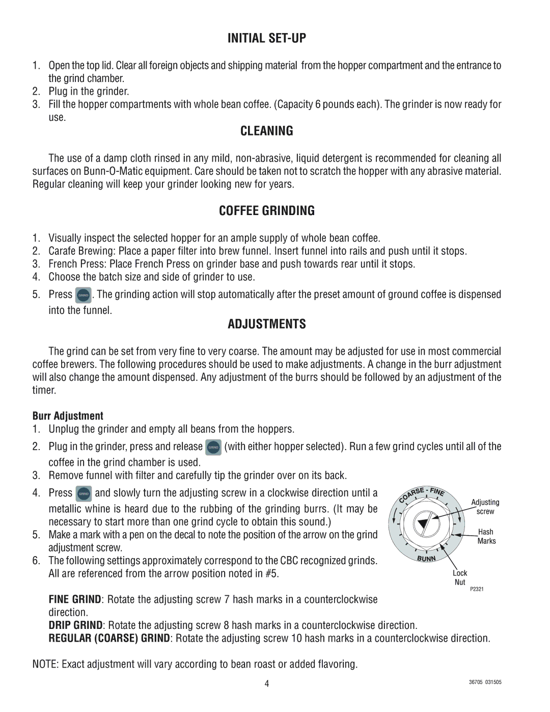 Bunn FPG-2 DBC manual Initial SET-UP, Cleaning, Coffee Grinding, Adjustments, Burr Adjustment 