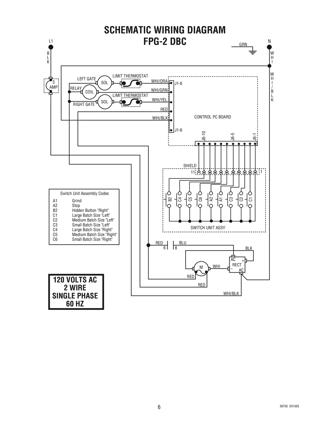 Bunn FPG-2 DBC manual VOLTS AC 2 WIRE SINGLE PHASE 60 HZ, Schematic Wiring Diagram 