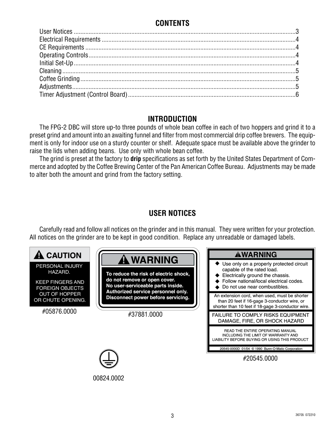 Bunn FPGB-2 DBC, FPGA-2 DBC service manual Introduction, User Notices 