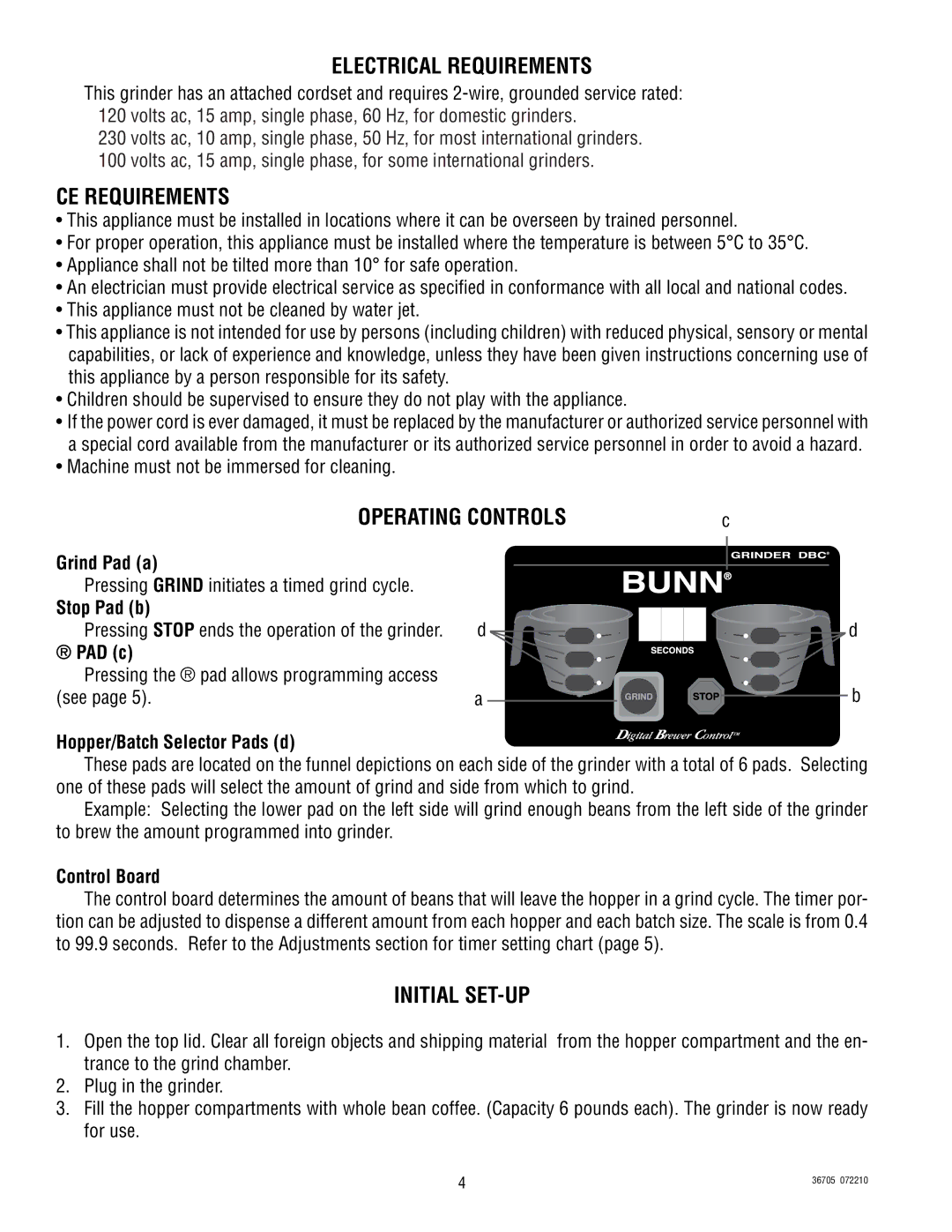 Bunn FPGA-2 DBC, FPGB-2 DBC service manual Electrical Requirements, CE Requirements, Operating Controls, Initial SET-UP 