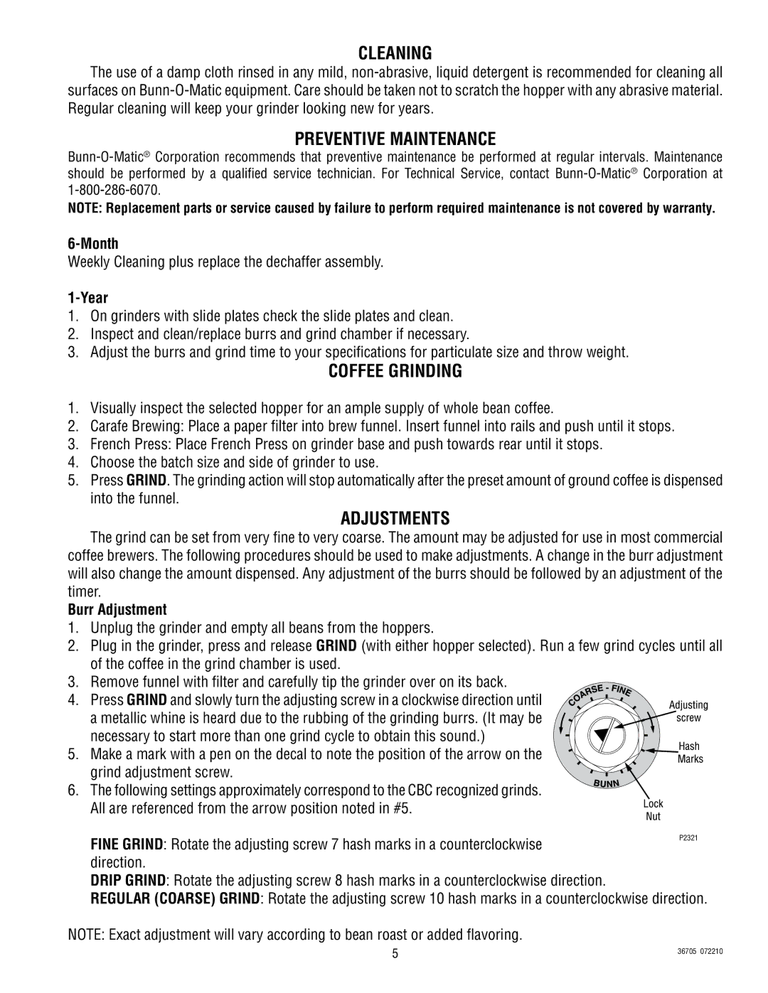 Bunn FPGB-2 DBC, FPGA-2 DBC service manual Cleaning, Preventive Maintenance, Coffee Grinding, Adjustments 