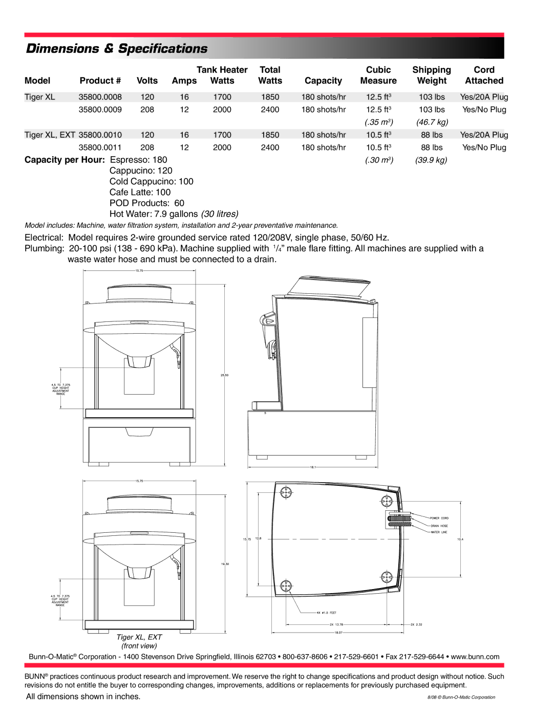 Bunn Froth Series specifications Dimensions & Specifications, Attached, Capacity per Hour Espresso 