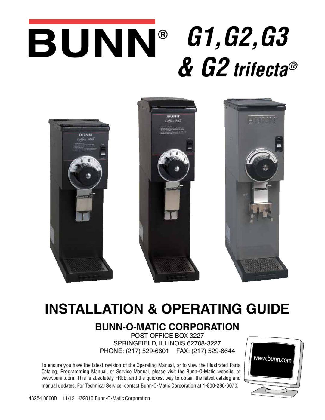 Bunn G2 TRIFECTA service manual G1,G2,G3, Phone 217 529-6601 FAX 217 