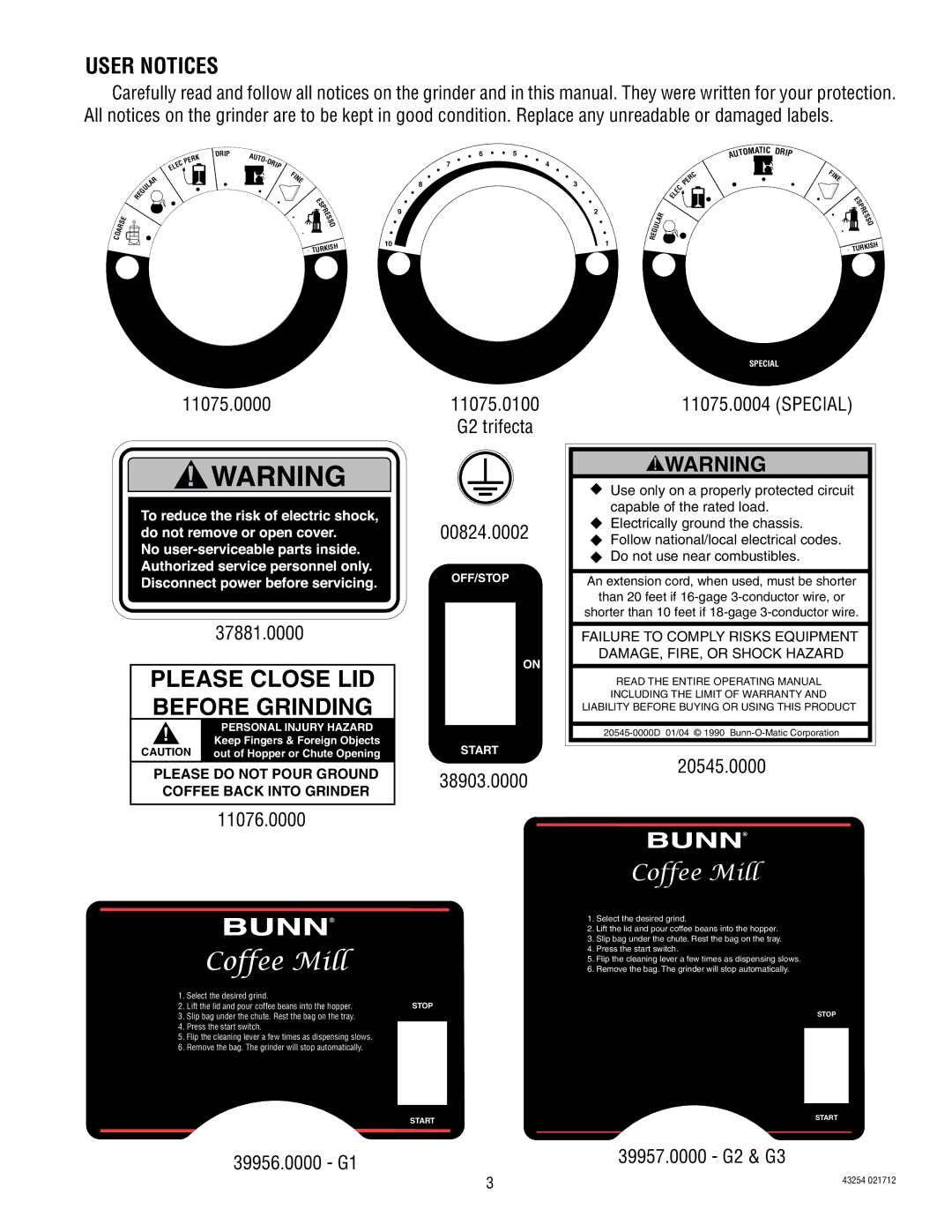 Bunn G2 TRIFECTA, G3 service manual User Notices 