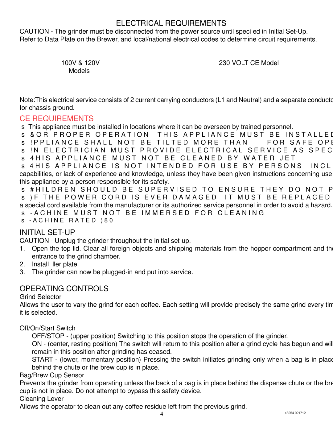 Bunn G3, G2 TRIFECTA service manual Electrical Requirements, CE Requirements, Initial SET-UP, Operating Controls 