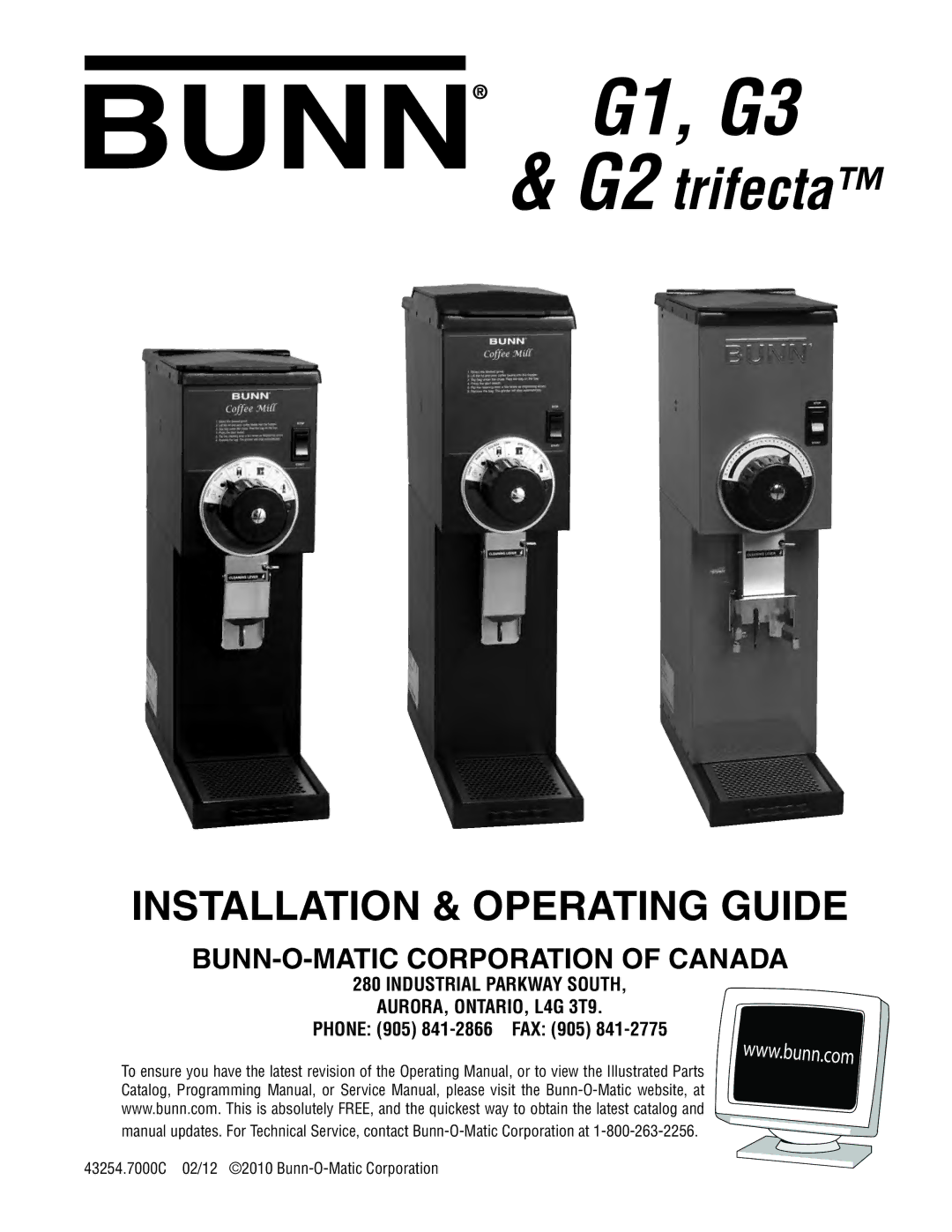 Bunn G2 service manual G1, G3, Phone 905 841-2866 FAX 905 