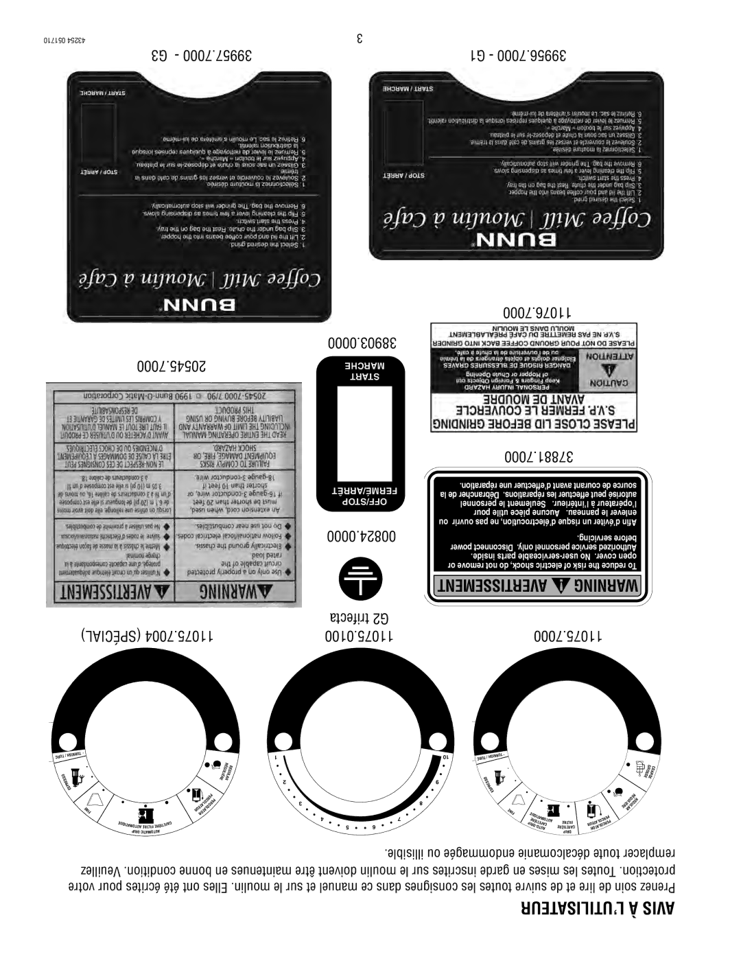 Bunn G3, G2 service manual ’UTILISATEUR À Avis, 7000.20545 Spécial 0000.38903, 0000.00824, 7000.11076 