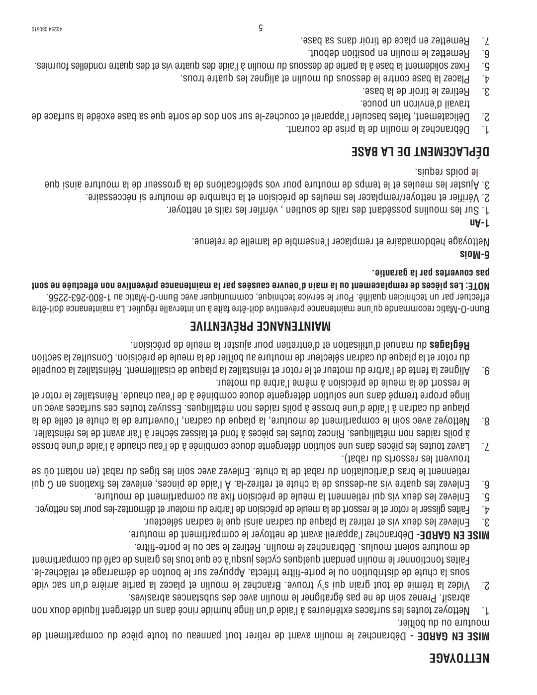 Bunn G3, G2 service manual Base LA DE Déplacement, Préventive Maintenance, Nettoyage, An-1, Mois-6 