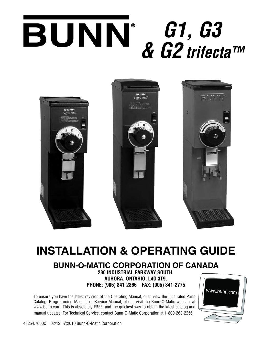 Bunn G2 service manual G1, G3, Bunn-O-Matic Corporation Of Canada, INDUSTRIAL PARKWAY SOUTH AURORA, ONTARIO, L4G 3T9 