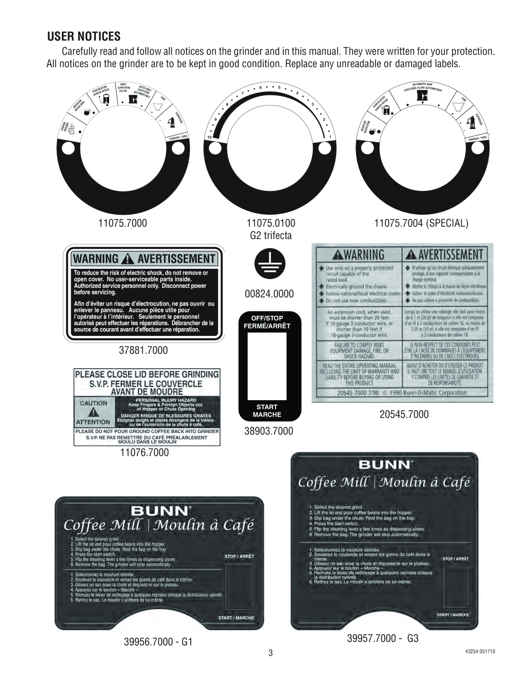 Bunn G2, G3 service manual User Notices, Warning Avertissement, Off/Stop Fermé/Arrêt Start, 43254, Tique 