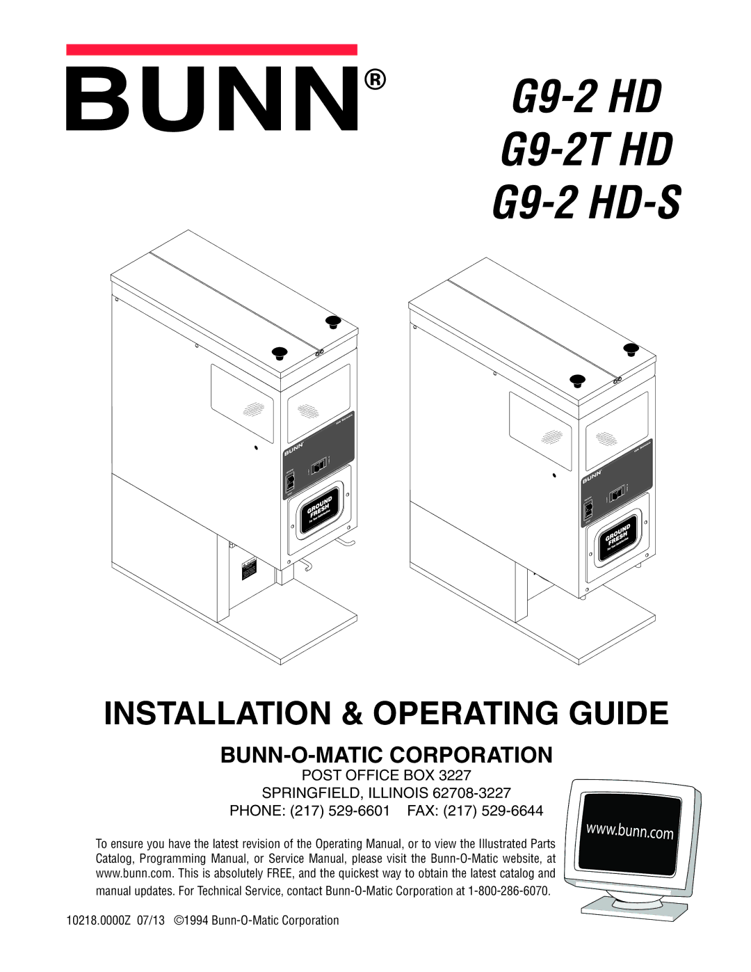 Bunn service manual G9-2 HD G9-2T HD G9-2 HD-S, Phone 217 529-6601 FAX 217 