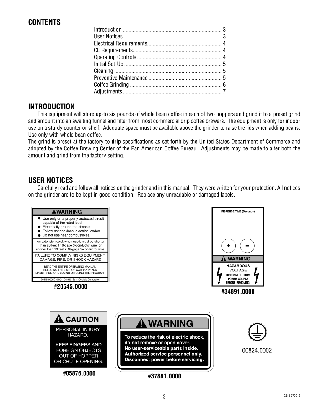 Bunn G9-2 HD-S, G9-2T HD service manual Contents, Introduction, User Notices 