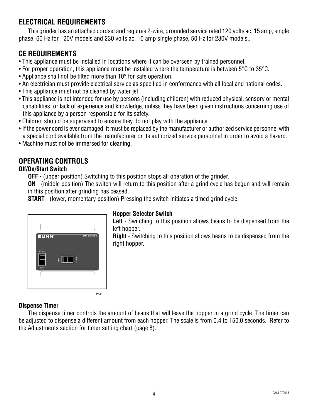 Bunn G9-2T HD, G9-2 HD-S service manual Electrical Requirements, CE Requirements, Operating Controls 