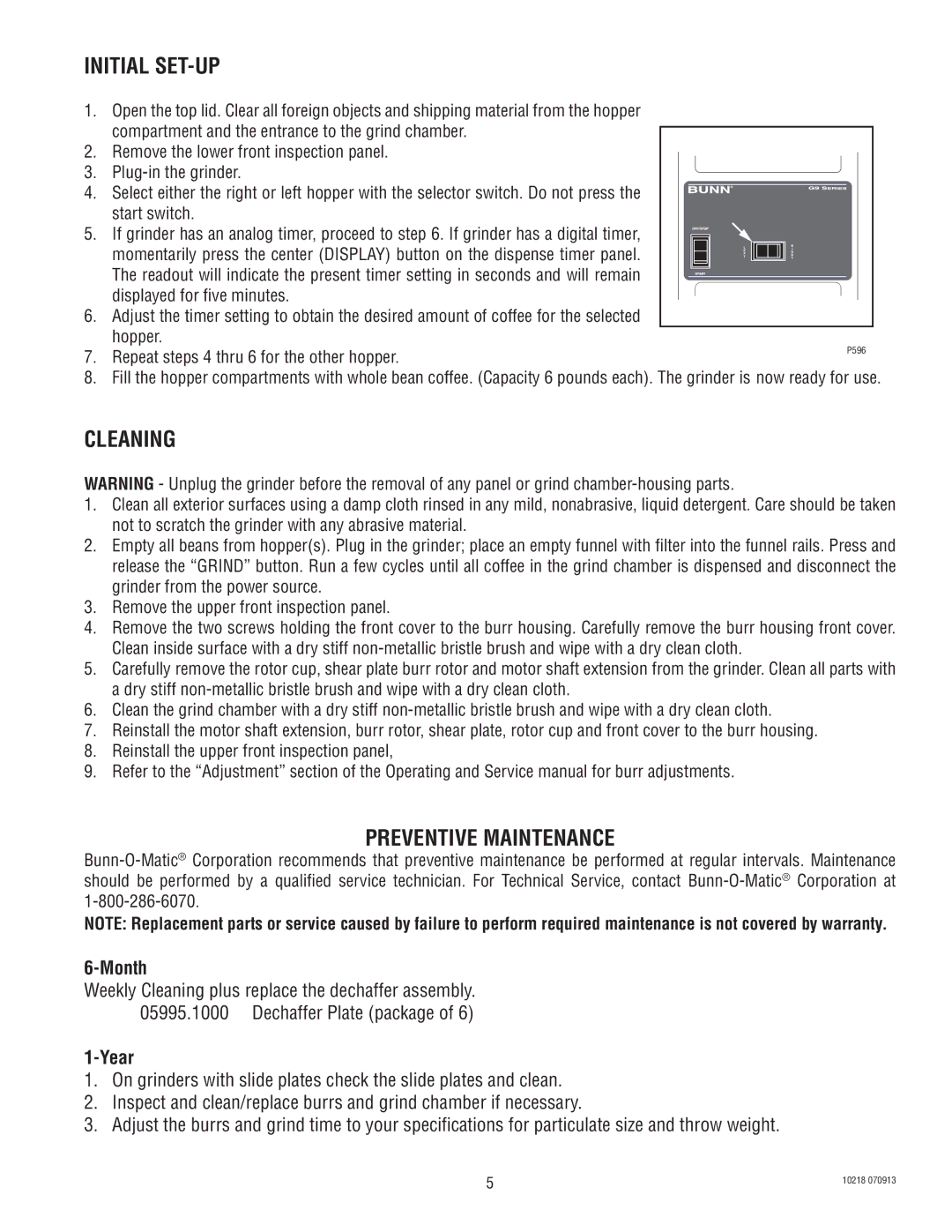 Bunn G9-2 HD-S, G9-2T HD service manual Initial SET-UP, Cleaning, Preventive Maintenance, Month, Year 