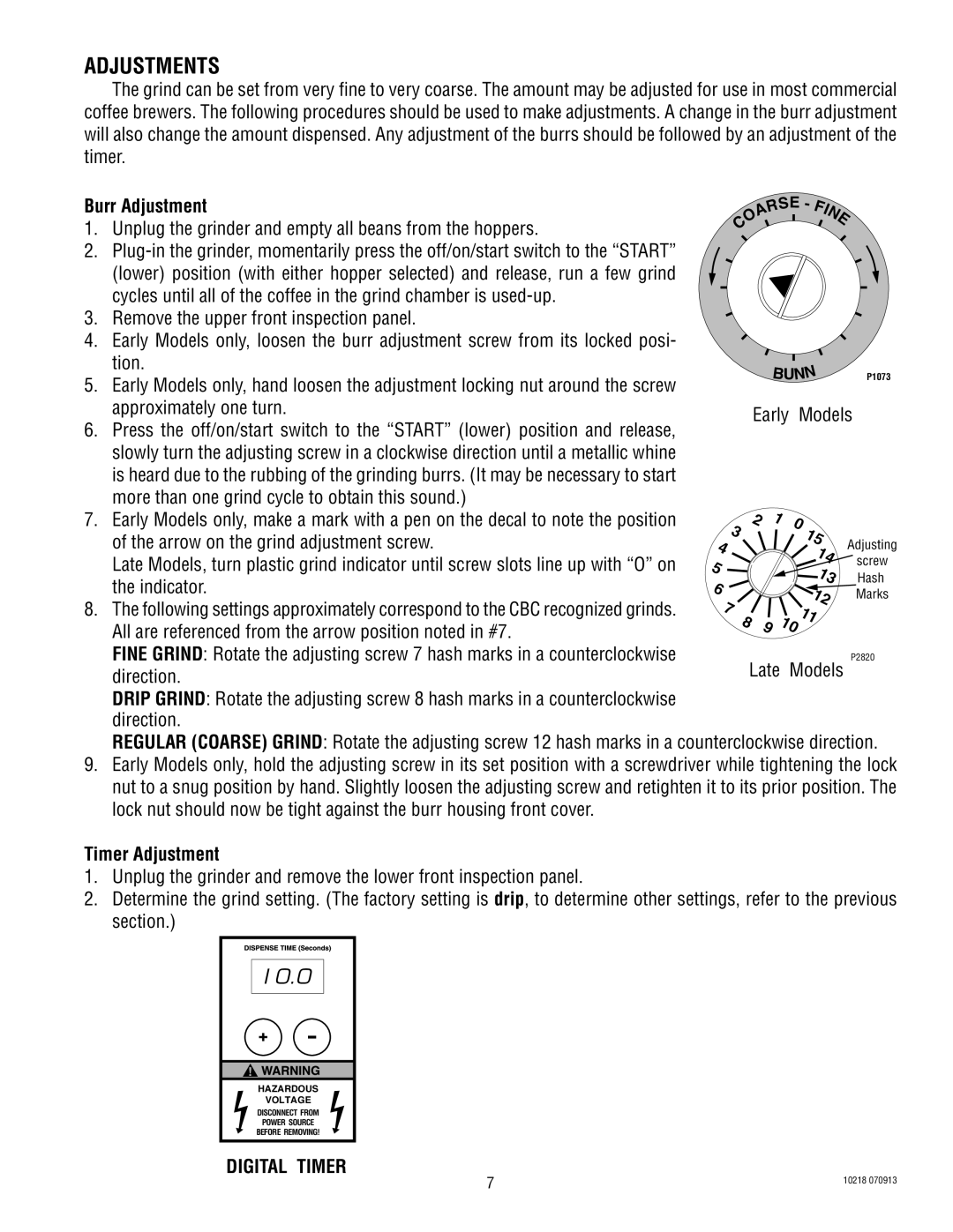 Bunn G9-2 HD-S, G9-2T HD service manual Adjustments, Burr Adjustment, Timer Adjustment, Digital Timer 