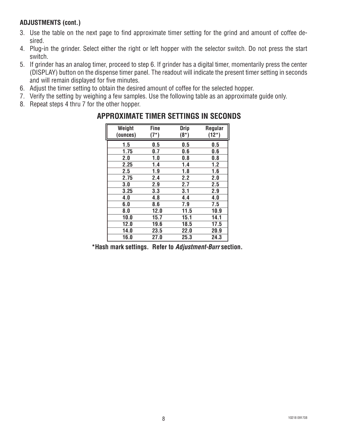 Bunn G9-2T HD Approximate Timer Settings in Seconds, Adjustments, Hash mark settings. Refer to Adjustment-Burrsection 