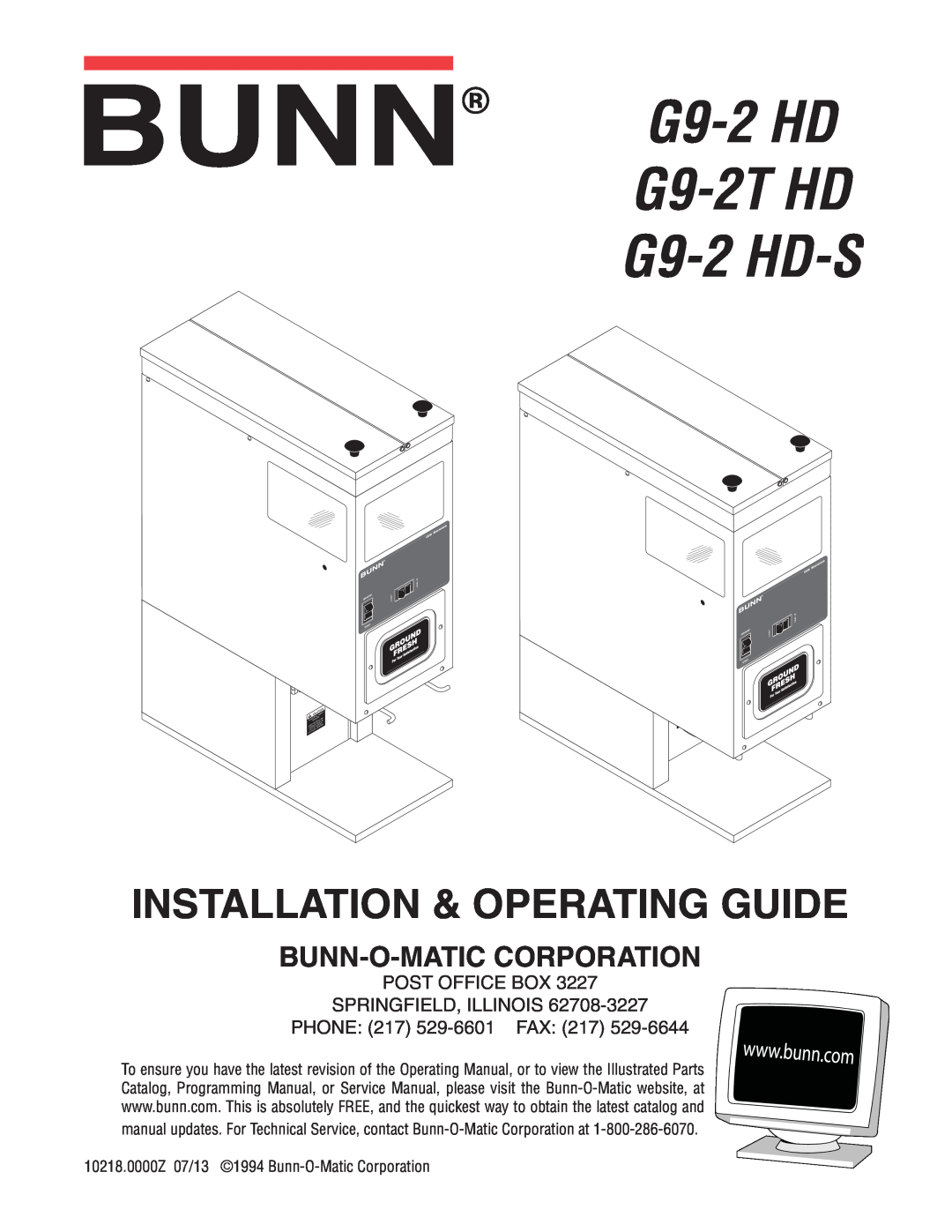 Bunn G9-2T HD service manual G9-2HD G9-2THD G9-2 HD-S, Installation & Operating Guide, Bunn-O-Maticcorporation 