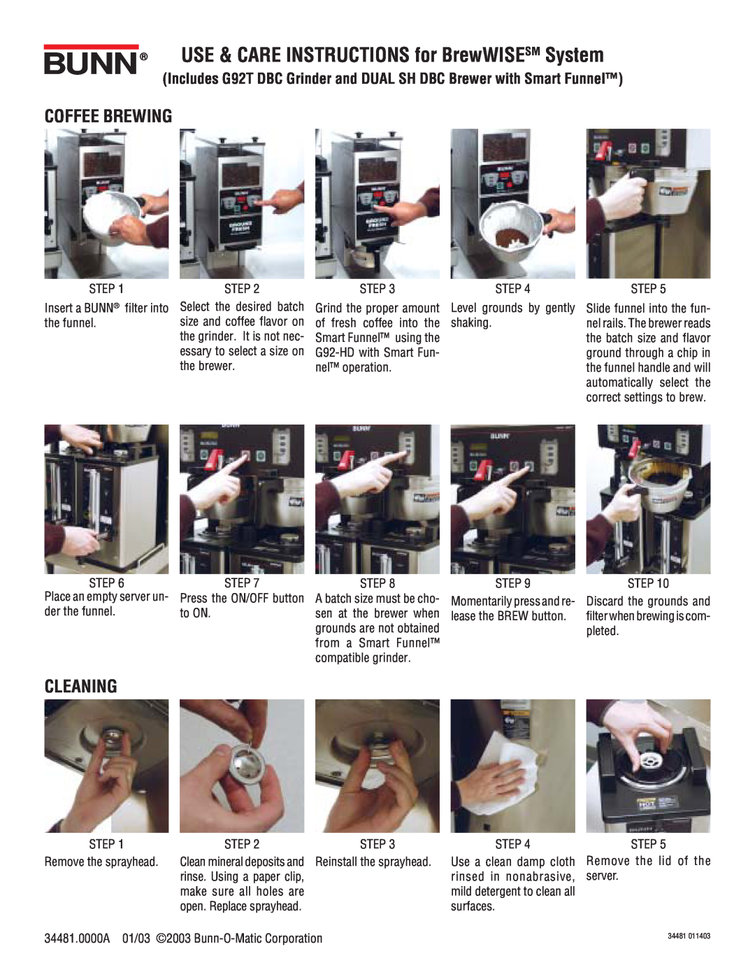 Bunn G92T manual Bunn, Coffee Brewing, Cleaning, USE & CARE INSTRUCTIONS for BrewWISESM System 