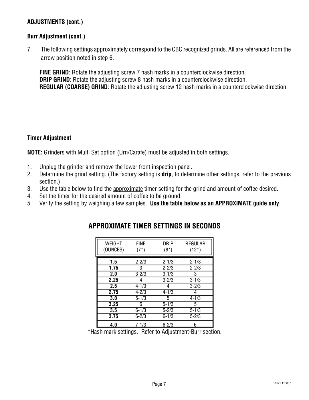 Bunn G9T HD service manual Approximate Timer Settings in Seconds, Adjustments Burr Adjustment, Timer Adjustment 