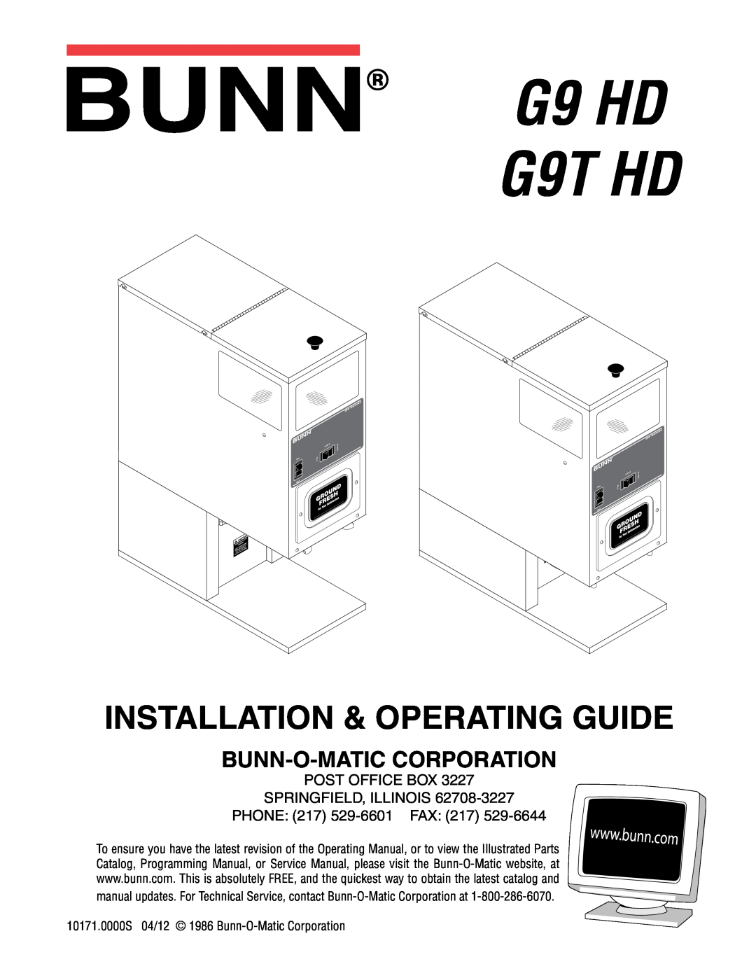 Bunn service manual G9 HD G9T HD, Installation & Operating Guide, Bunn-O-Matic Corporation 