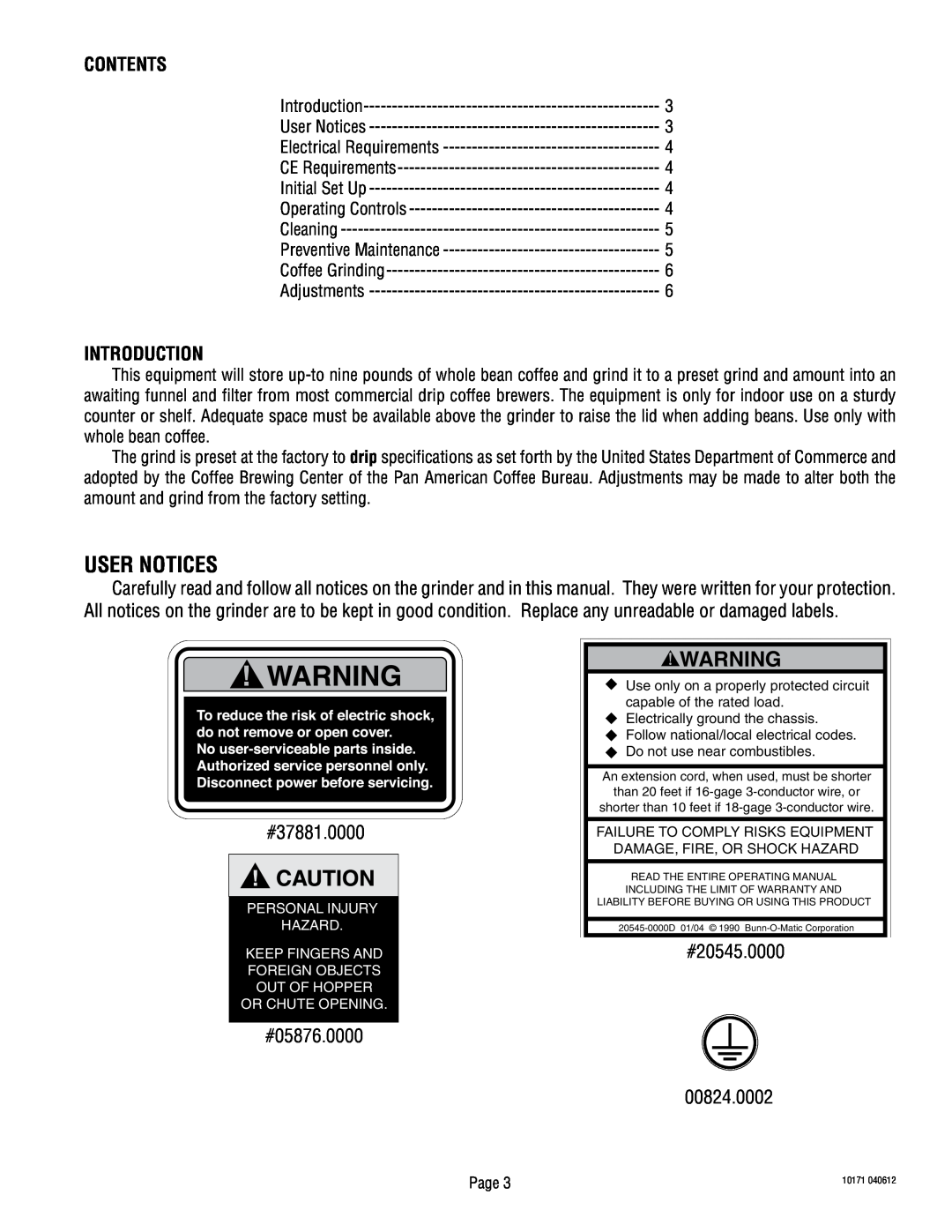 Bunn G9T HD service manual User Notices, Contents, Introduction 