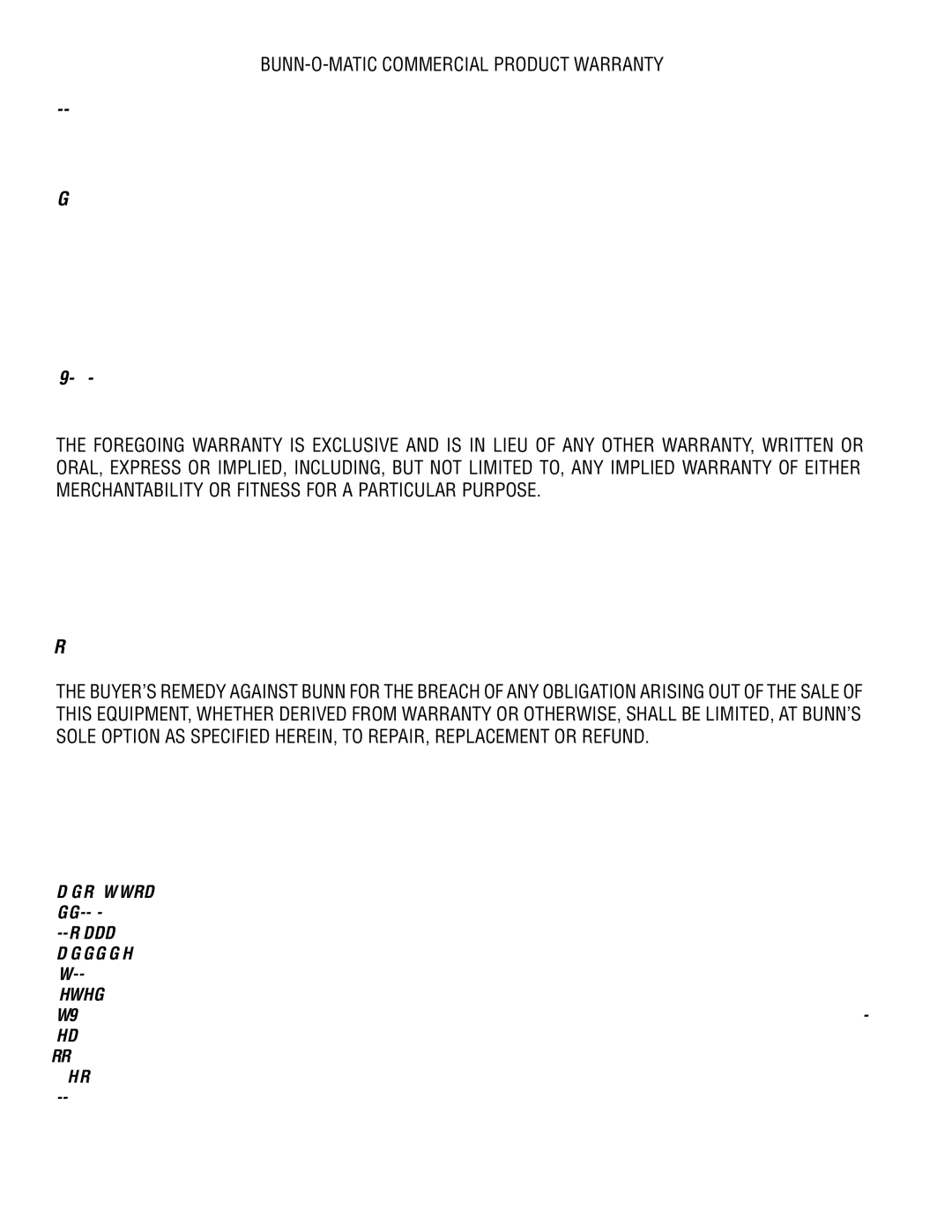 Bunn G9WD-RH service manual BUNN-O-MATIC Commercial Product Warranty 