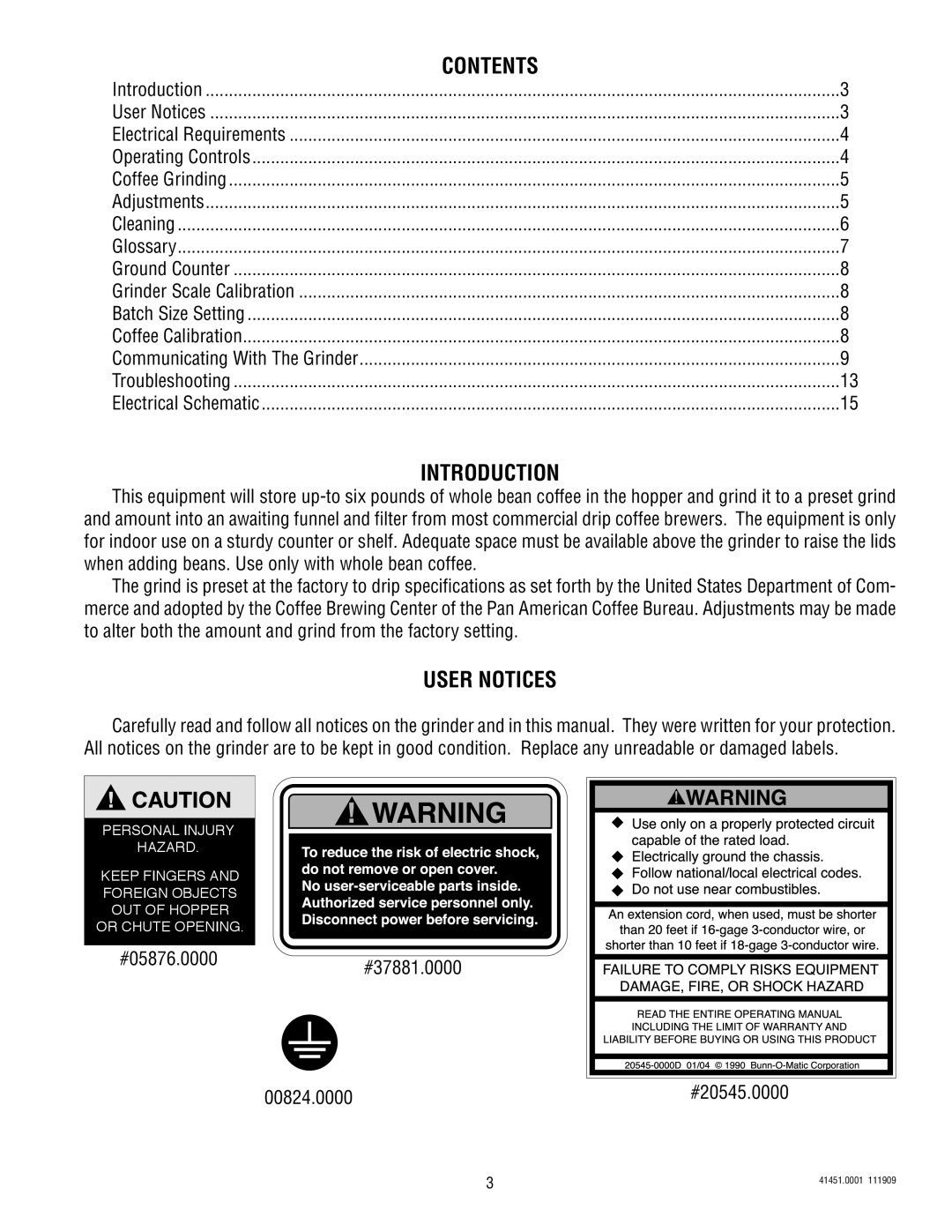 Bunn G9WD-RH service manual Contents, Introduction, User Notices 