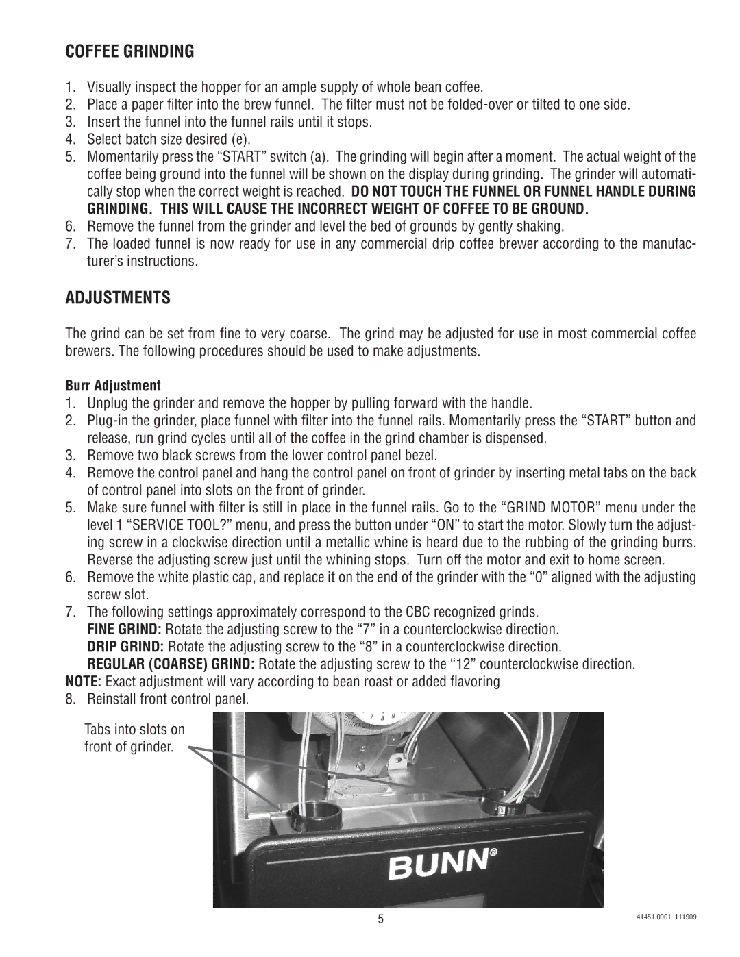 Bunn G9WD-RH service manual Coffee Grinding, Adjustments 