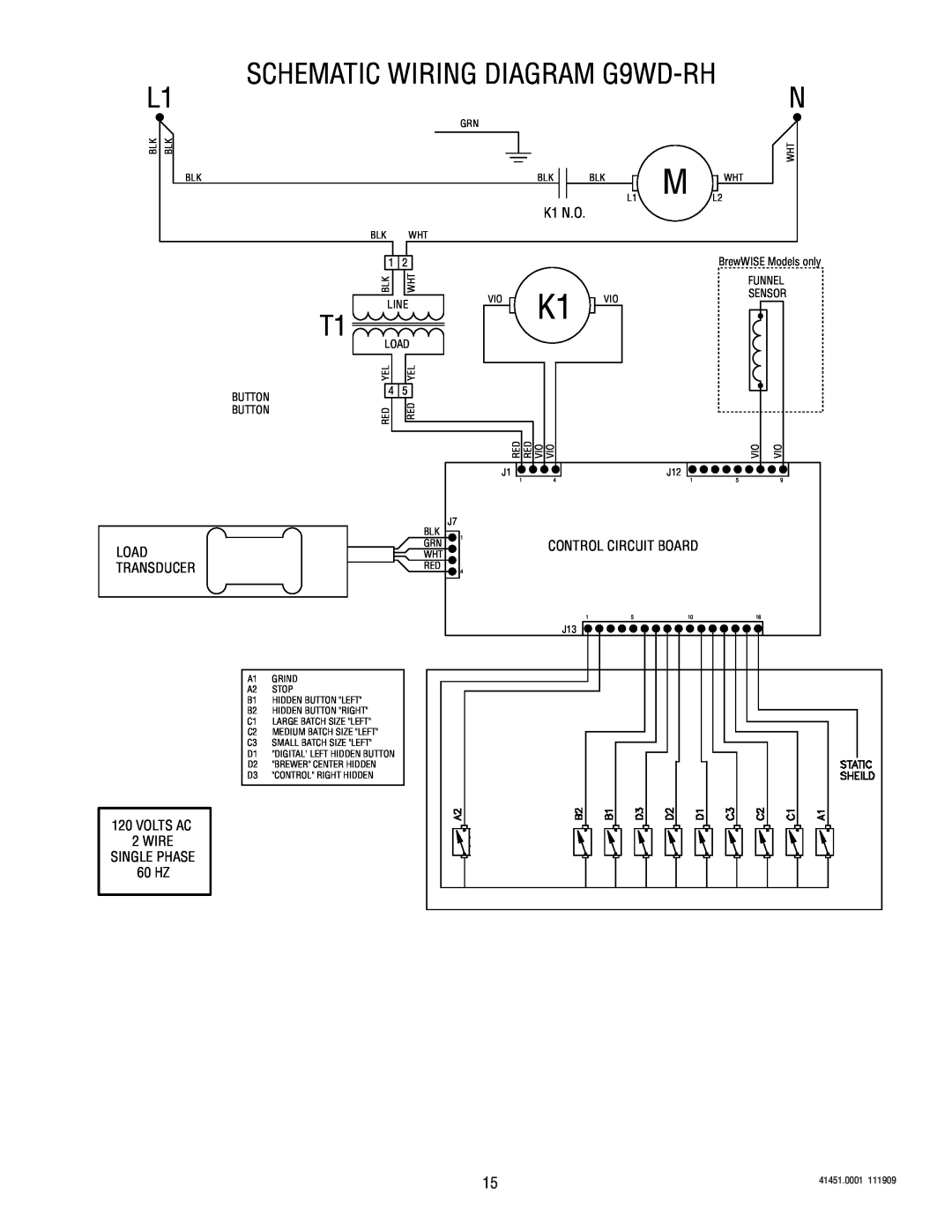 Bunn service manual SCHEMATIC WIRING DIAGRAM G9WD-RH, Load, Transducer, 60 HZ, BrewWISE Models only, Line 