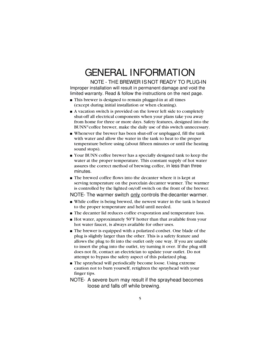 Bunn B8, GR manual General Information 