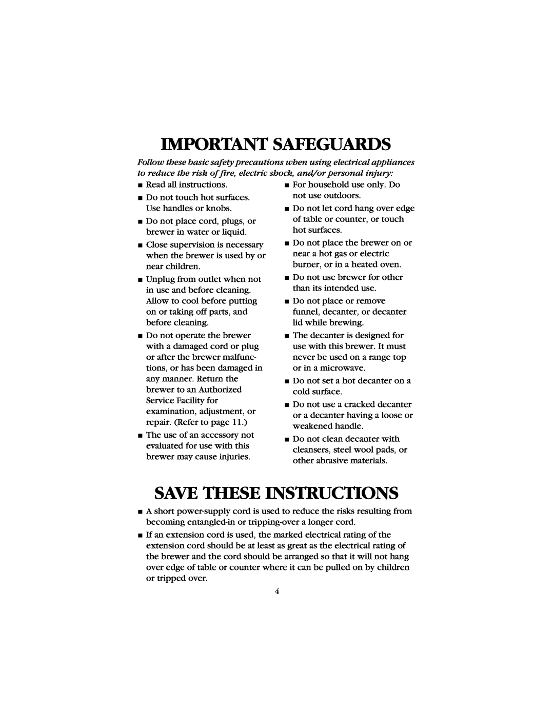 Bunn GR, B8 manual Important Safeguards, Save These Instructions 