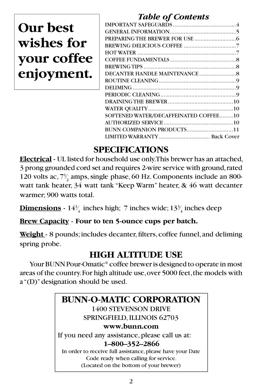 Bunn B10, GR10-B, GR10 Series, 38300.0057 manual Specifications, High Altitude USE, BUNN-O-MATIC Corporation 