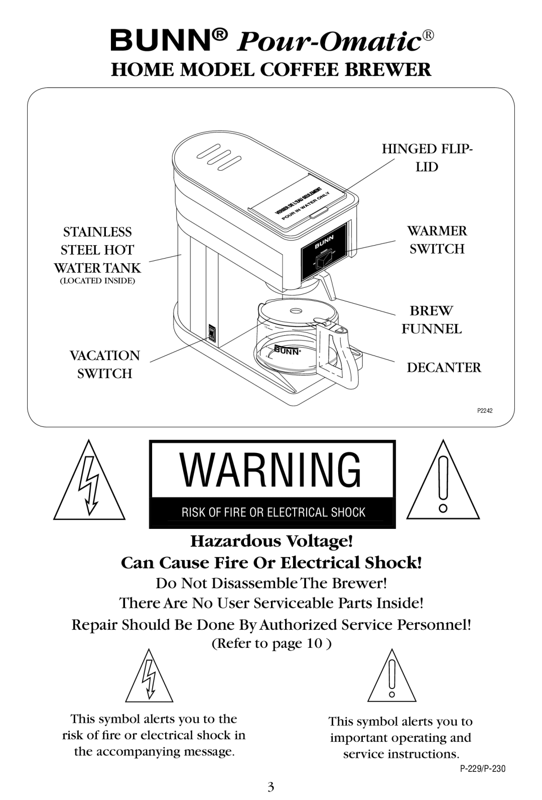 Bunn 38300.0057, GR10-B, GR10 Series, B10 manual Bunn Pour-Omatic, Home Model Coffee Brewer 