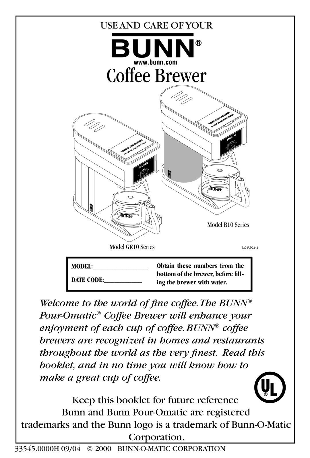 Bunn B10, GR10 manual Coffee Brewer, Keep this booklet for future reference 