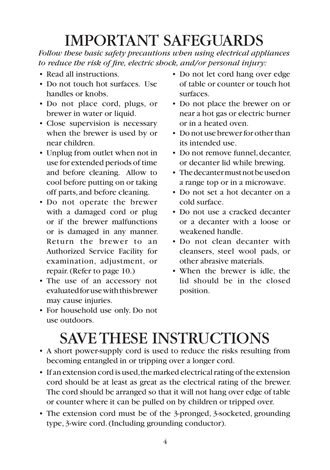 Bunn GR10, B10 manual Important Safeguards 