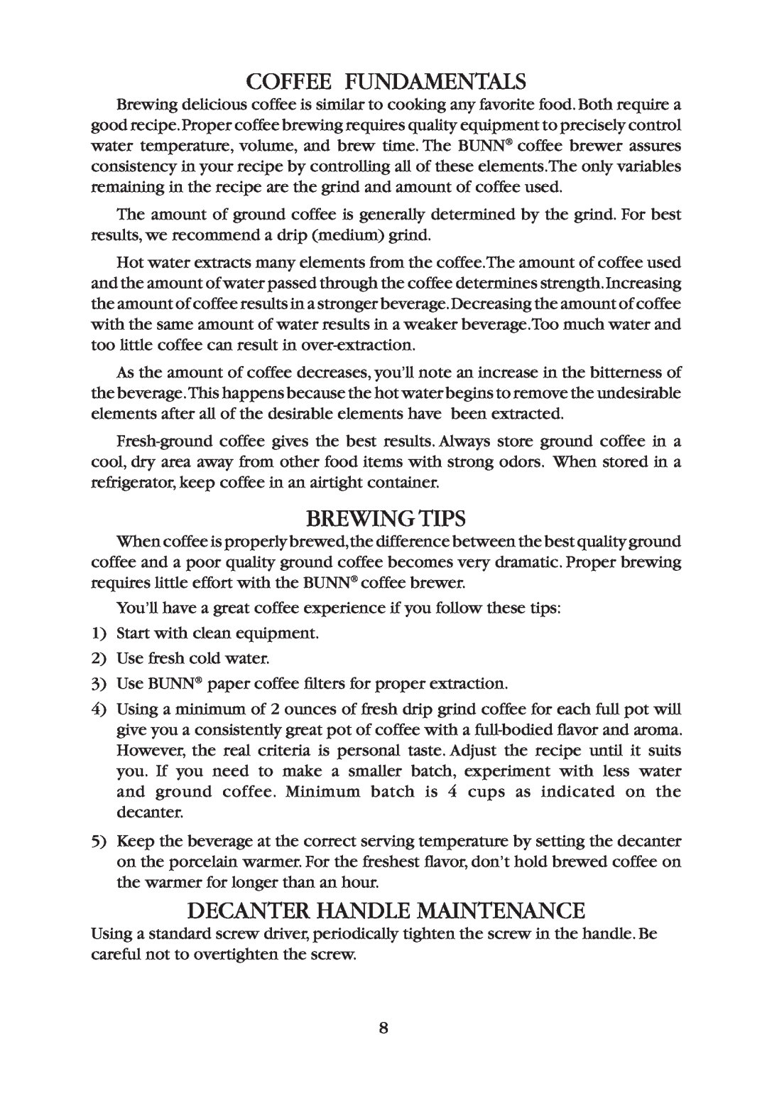Bunn GR10, B10 manual Coffee Fundamentals, Brewing Tips, Decanter Handle Maintenance 